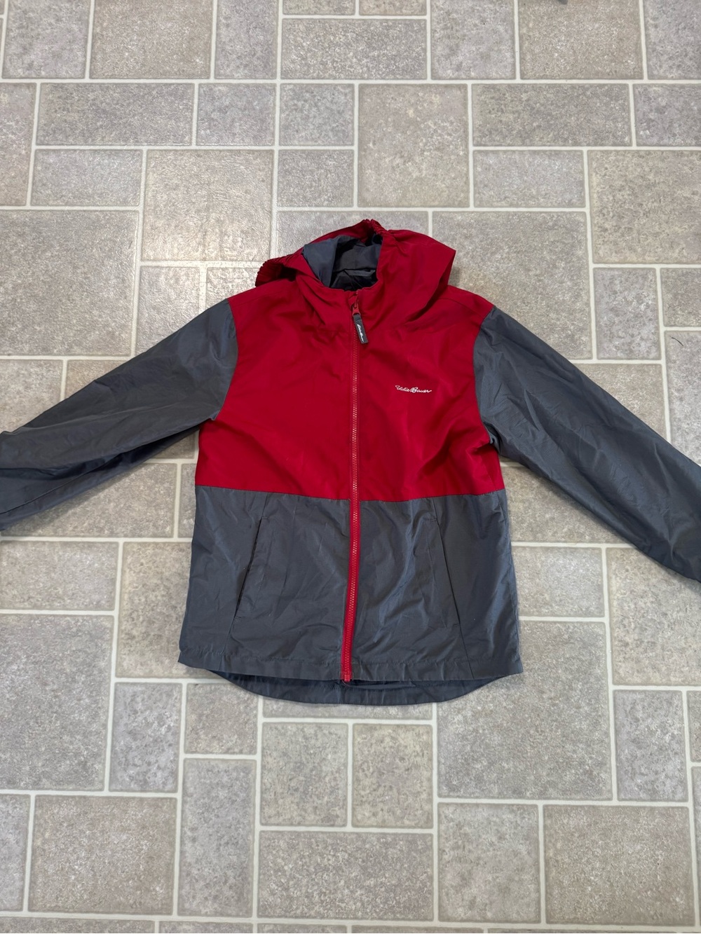 Eddie Bauer Kids Two-Tone Hooded Rain Jacket - Red & Gray